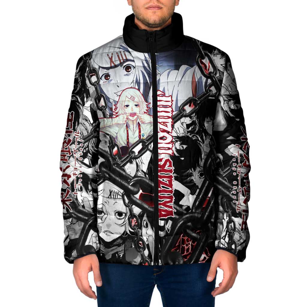 Juuzou Suzuya Tokyo Ghoul Black and White Manga Style Design Padded Jacket with Red Accents and Chain Weapon Motif - The Mazicc