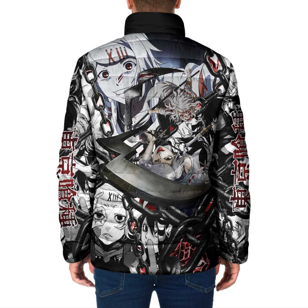 Juuzou Suzuya Tokyo Ghoul Black and White Manga Style Design Padded Jacket with Red Accents and Chain Weapon Motif - The Mazicc