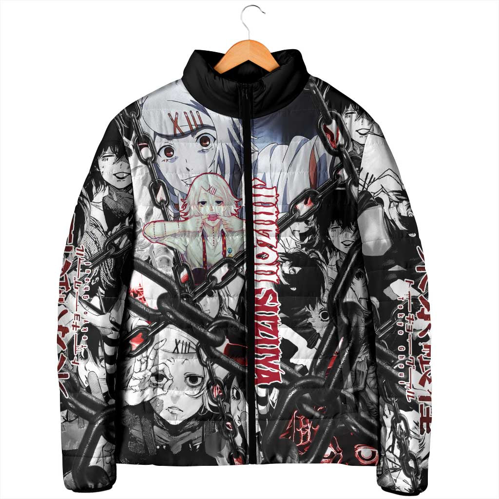Juuzou Suzuya Tokyo Ghoul Black and White Manga Style Design Padded Jacket with Red Accents and Chain Weapon Motif - The Mazicc