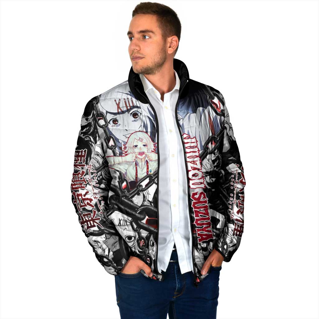 Juuzou Suzuya Tokyo Ghoul Black and White Manga Style Design Padded Jacket with Red Accents and Chain Weapon Motif - The Mazicc