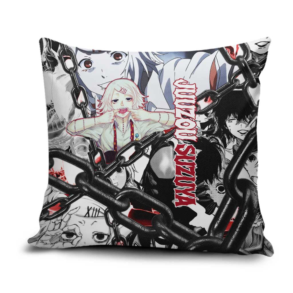 Juuzou Suzuya Tokyo Ghoul Black and White Manga Style Design Pillow Cover with Red Accents and Chain Weapon Motif - The Mazicc