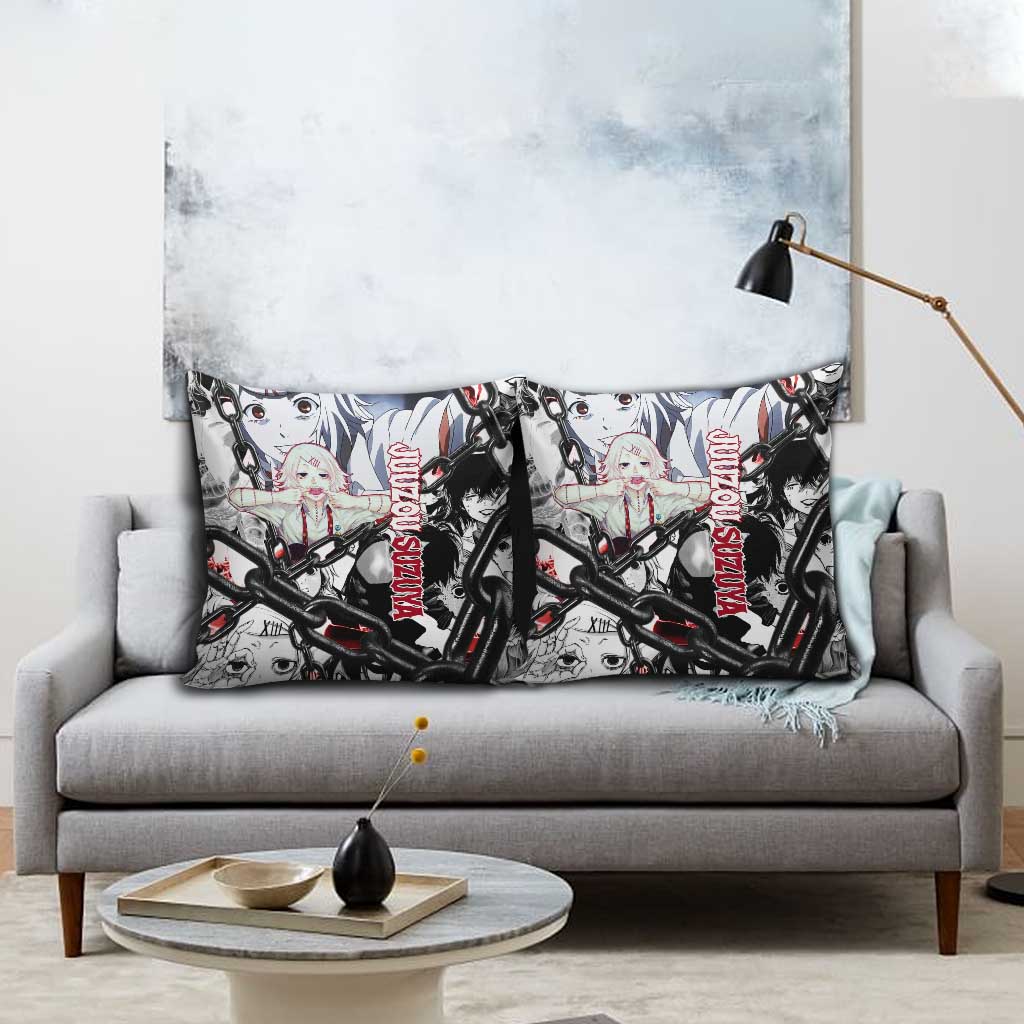 Juuzou Suzuya Tokyo Ghoul Black and White Manga Style Design Pillow Cover with Red Accents and Chain Weapon Motif - The Mazicc