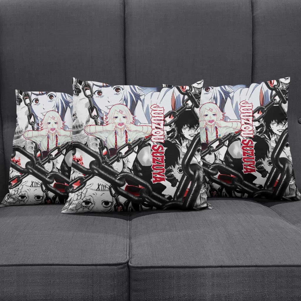 Juuzou Suzuya Tokyo Ghoul Black and White Manga Style Design Pillow Cover with Red Accents and Chain Weapon Motif - The Mazicc