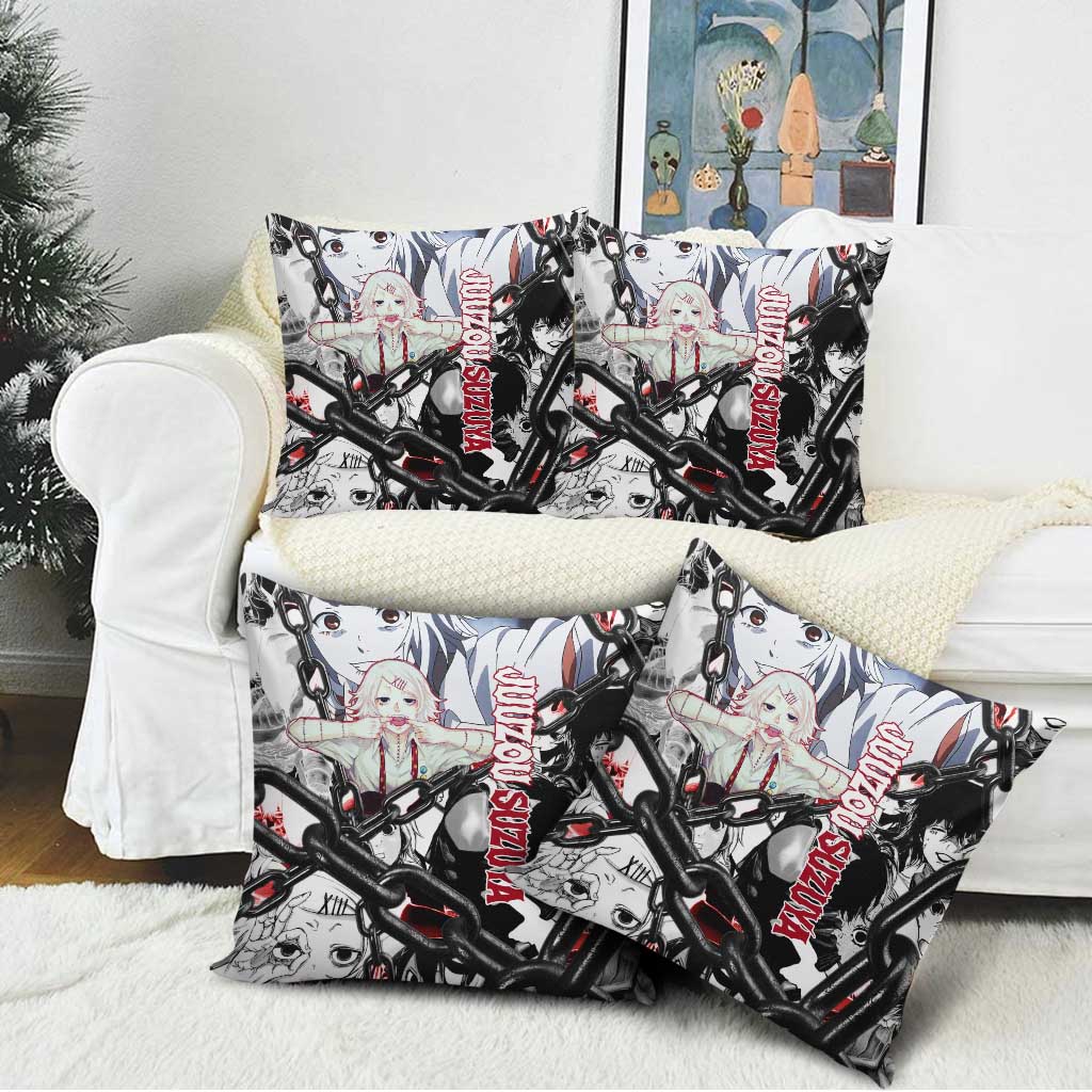 Juuzou Suzuya Tokyo Ghoul Black and White Manga Style Design Pillow Cover with Red Accents and Chain Weapon Motif - The Mazicc