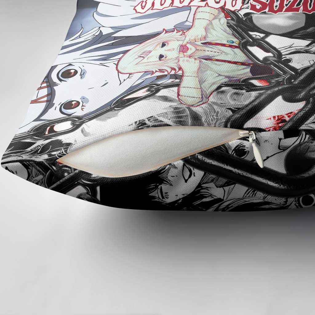 Juuzou Suzuya Tokyo Ghoul Black and White Manga Style Design Pillow Cover with Red Accents and Chain Weapon Motif - The Mazicc