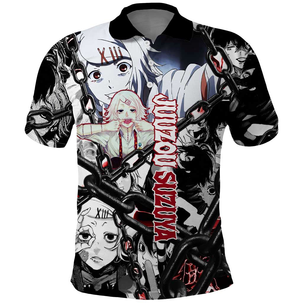 Juuzou Suzuya Tokyo Ghoul Black and White Manga Style Design Polo Shirt with Red Accents and Chain Weapon Motif - The Mazicc