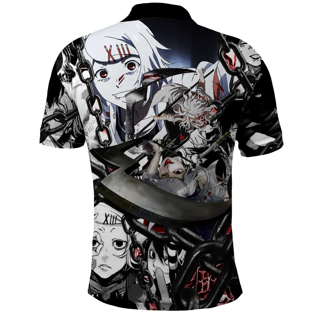 Juuzou Suzuya Tokyo Ghoul Black and White Manga Style Design Polo Shirt with Red Accents and Chain Weapon Motif - The Mazicc