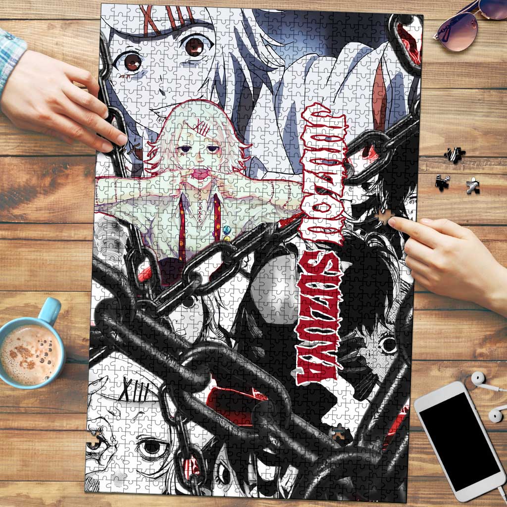Juuzou Suzuya Tokyo Ghoul Black and White Manga Style Design Puzzle with Red Accents and Chain Weapon Motif - The Mazicc
