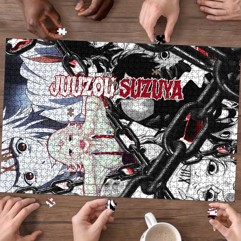 Juuzou Suzuya Tokyo Ghoul Black and White Manga Style Design Puzzle with Red Accents and Chain Weapon Motif - The Mazicc
