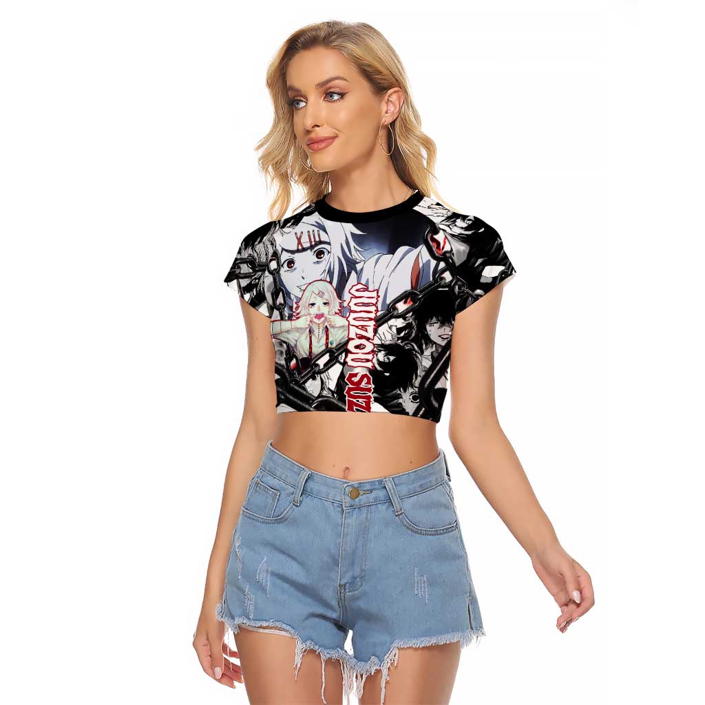 Juuzou Suzuya Tokyo Ghoul Black and White Manga Style Design Raglan Cropped T Shirt with Red Accents and Chain Weapon Motif - The Mazicc