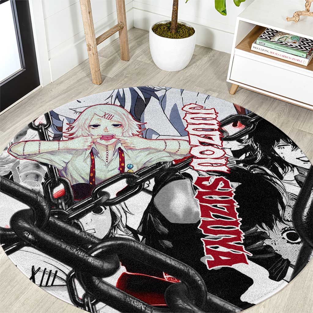 Juuzou Suzuya Tokyo Ghoul Black and White Manga Style Design Round Carpet with Red Accents and Chain Weapon Motif - The Mazicc