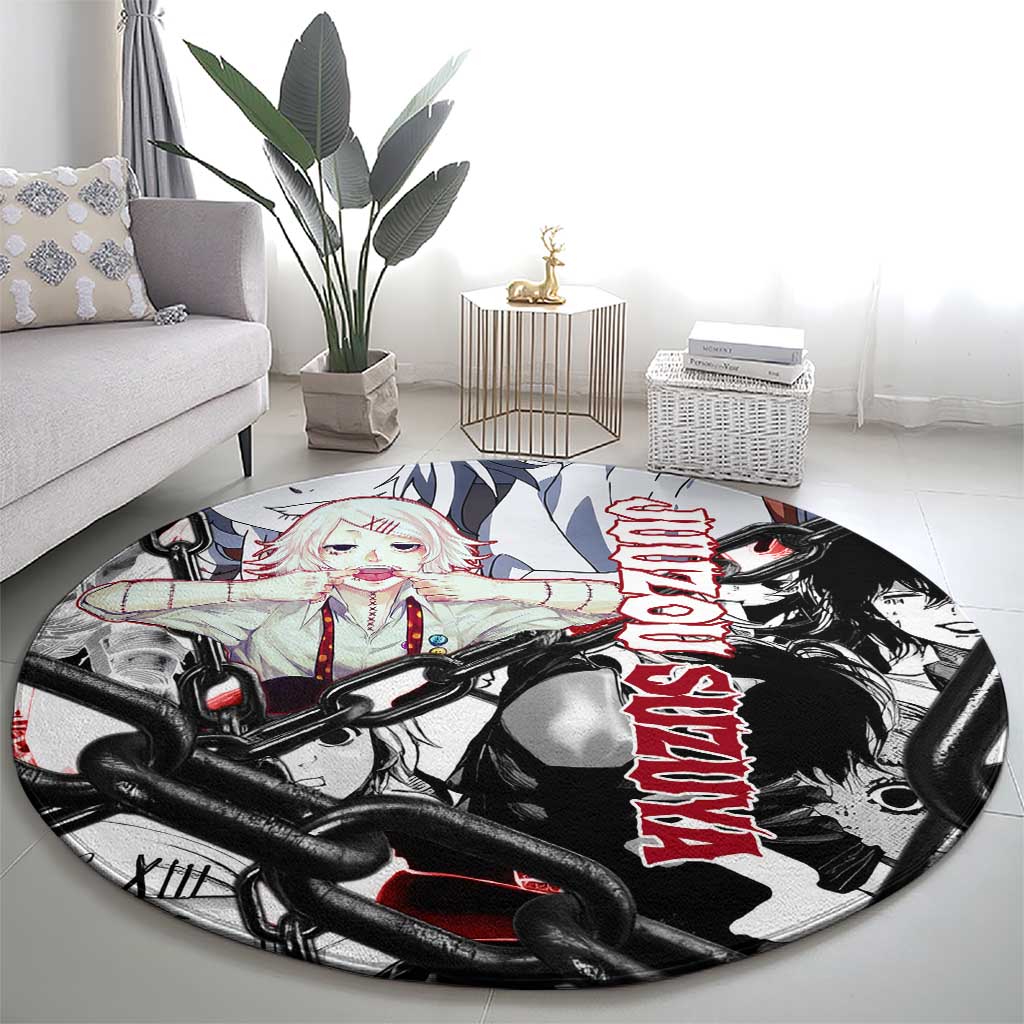 Juuzou Suzuya Tokyo Ghoul Black and White Manga Style Design Round Carpet with Red Accents and Chain Weapon Motif - The Mazicc