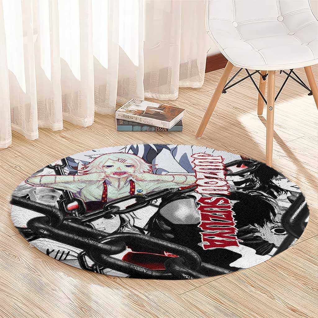 Juuzou Suzuya Tokyo Ghoul Black and White Manga Style Design Round Carpet with Red Accents and Chain Weapon Motif - The Mazicc