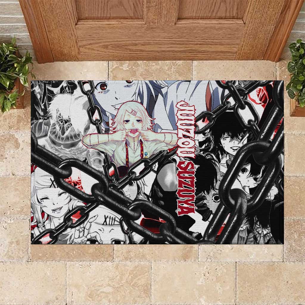 Juuzou Suzuya Tokyo Ghoul Black and White Manga Style Design Rubber Doormat with Red Accents and Chain Weapon Motif - The Mazicc