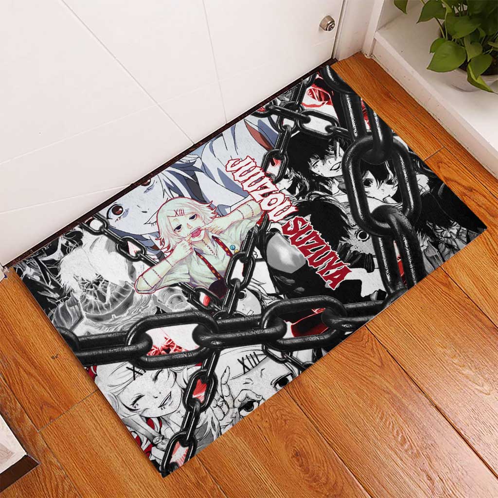 Juuzou Suzuya Tokyo Ghoul Black and White Manga Style Design Rubber Doormat with Red Accents and Chain Weapon Motif - The Mazicc