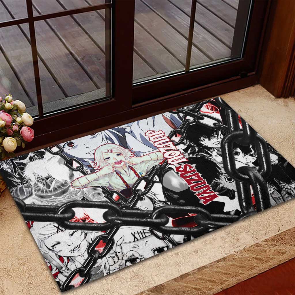 Juuzou Suzuya Tokyo Ghoul Black and White Manga Style Design Rubber Doormat with Red Accents and Chain Weapon Motif - The Mazicc