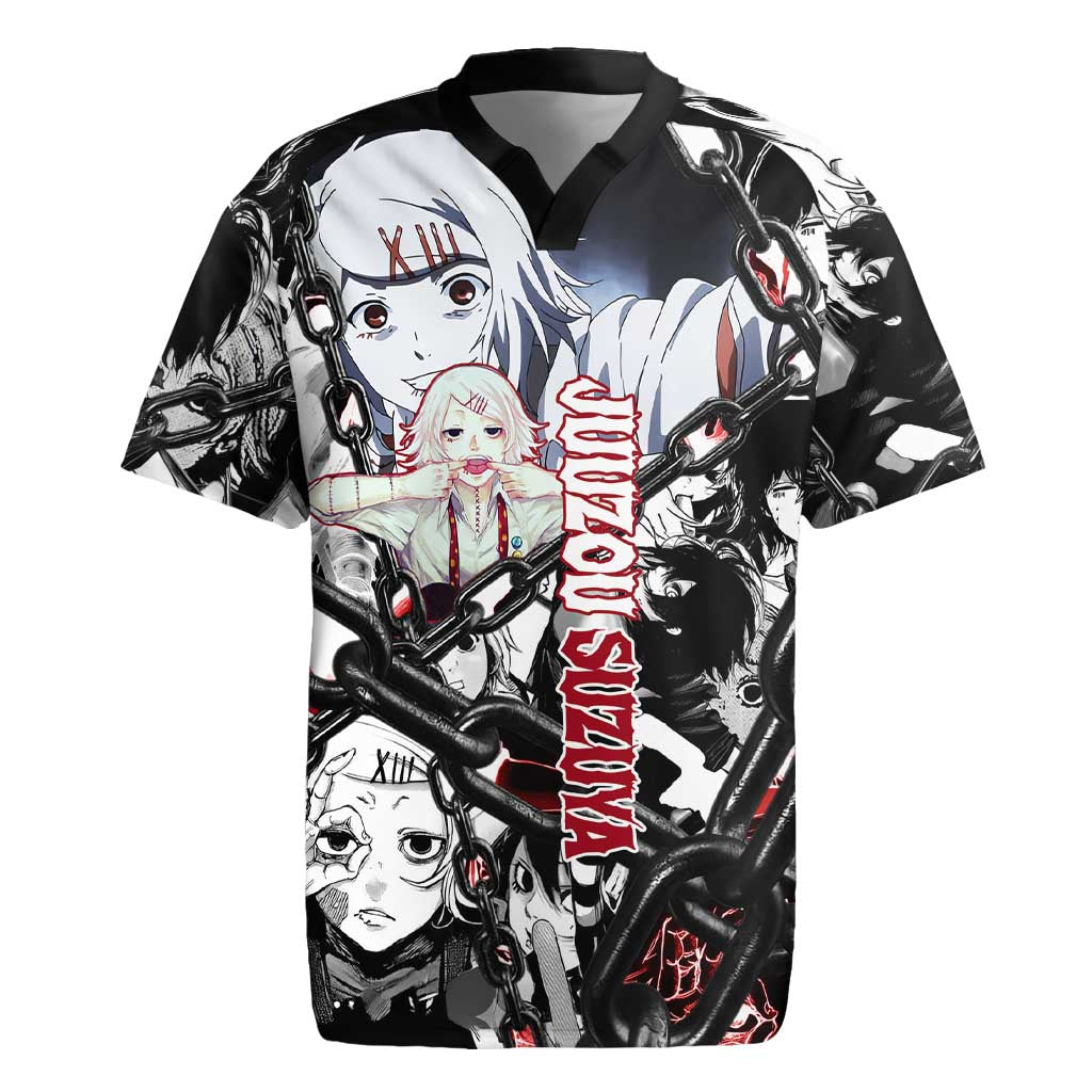 Juuzou Suzuya Tokyo Ghoul Black and White Manga Style Design Rugby Jersey with Red Accents and Chain Weapon Motif - The Mazicc