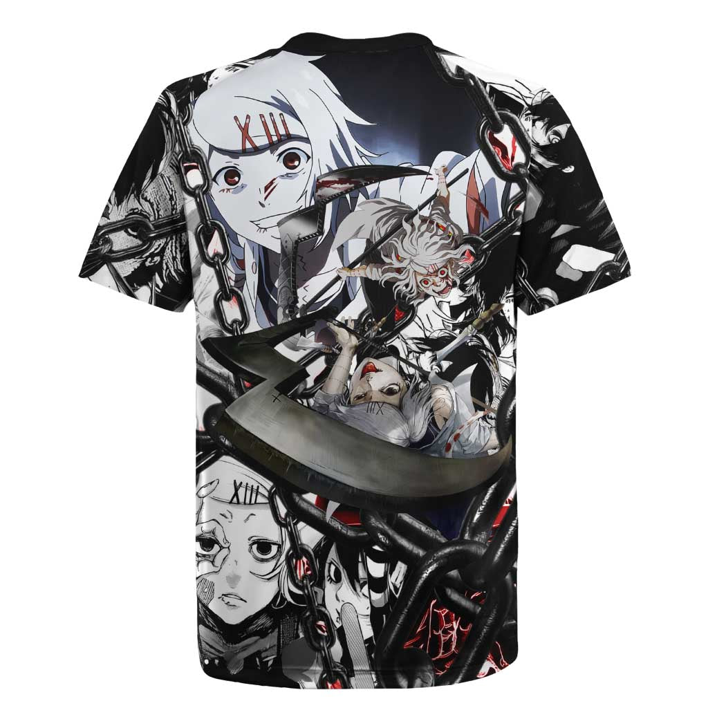 Juuzou Suzuya Tokyo Ghoul Black and White Manga Style Design Rugby Jersey with Red Accents and Chain Weapon Motif - The Mazicc