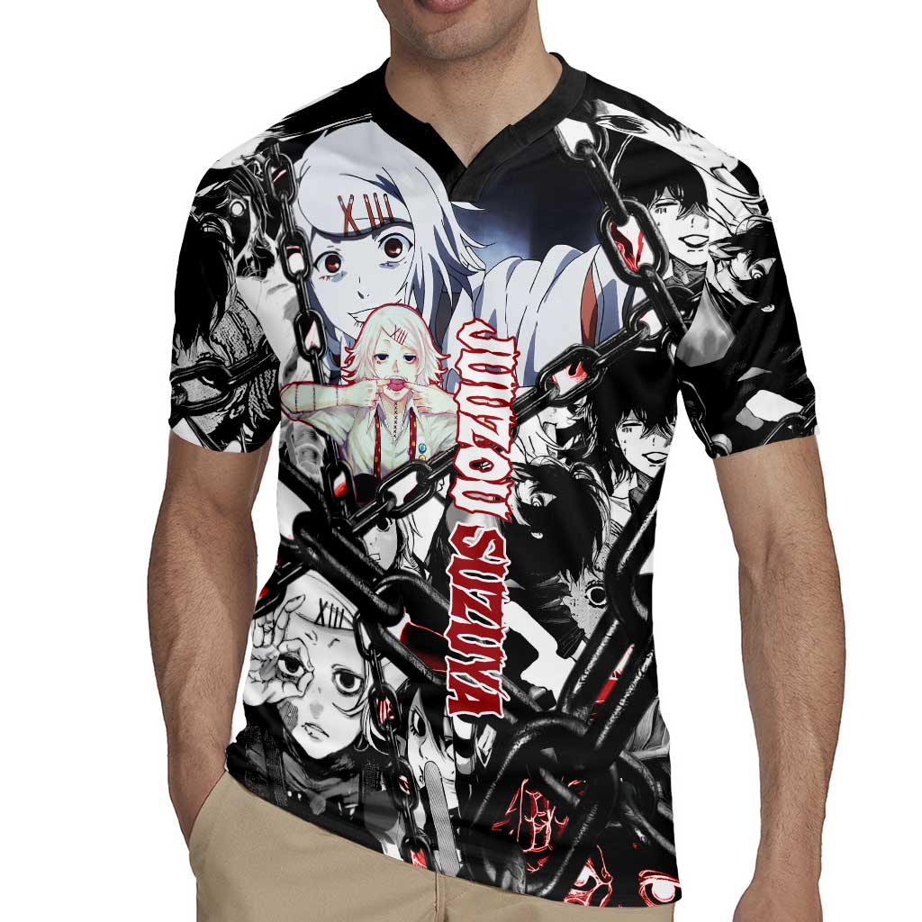 Juuzou Suzuya Tokyo Ghoul Black and White Manga Style Design Rugby Jersey with Red Accents and Chain Weapon Motif - The Mazicc