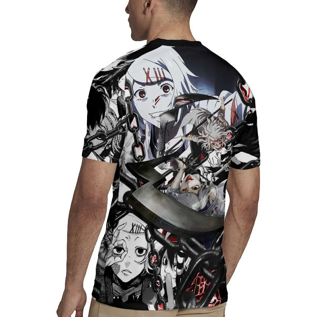 Juuzou Suzuya Tokyo Ghoul Black and White Manga Style Design Rugby Jersey with Red Accents and Chain Weapon Motif - The Mazicc