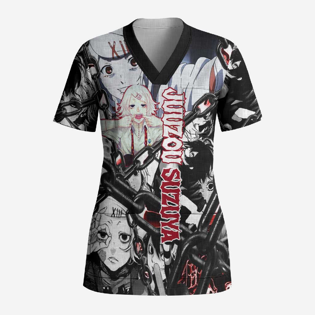 Juuzou Suzuya Tokyo Ghoul Black and White Manga Style Design Scrub Top with Red Accents and Chain Weapon Motif - The Mazicc
