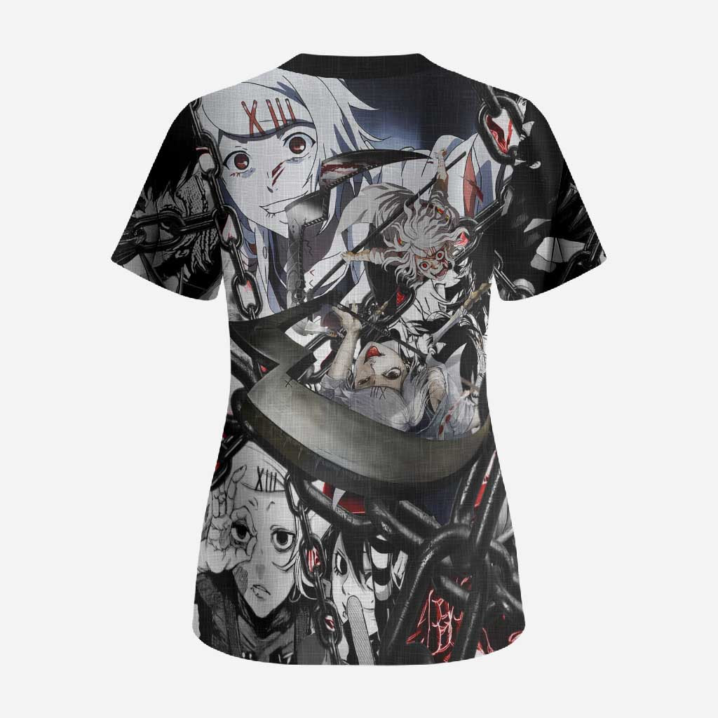 Juuzou Suzuya Tokyo Ghoul Black and White Manga Style Design Scrub Top with Red Accents and Chain Weapon Motif - The Mazicc