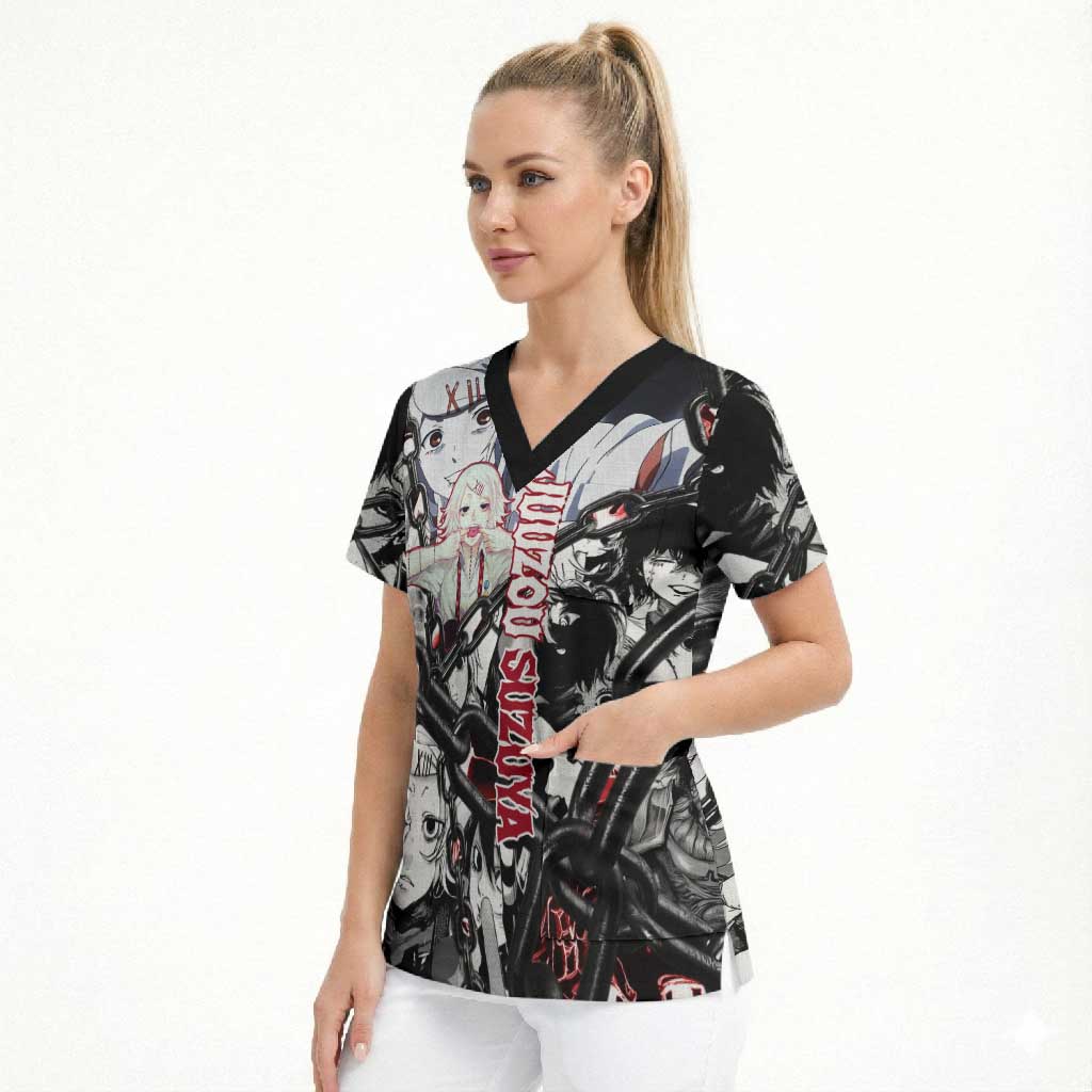 Juuzou Suzuya Tokyo Ghoul Black and White Manga Style Design Scrub Top with Red Accents and Chain Weapon Motif - The Mazicc