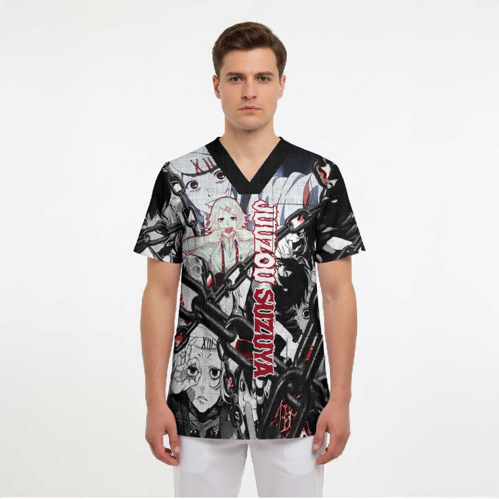 Juuzou Suzuya Tokyo Ghoul Black and White Manga Style Design Scrub Top with Red Accents and Chain Weapon Motif - The Mazicc