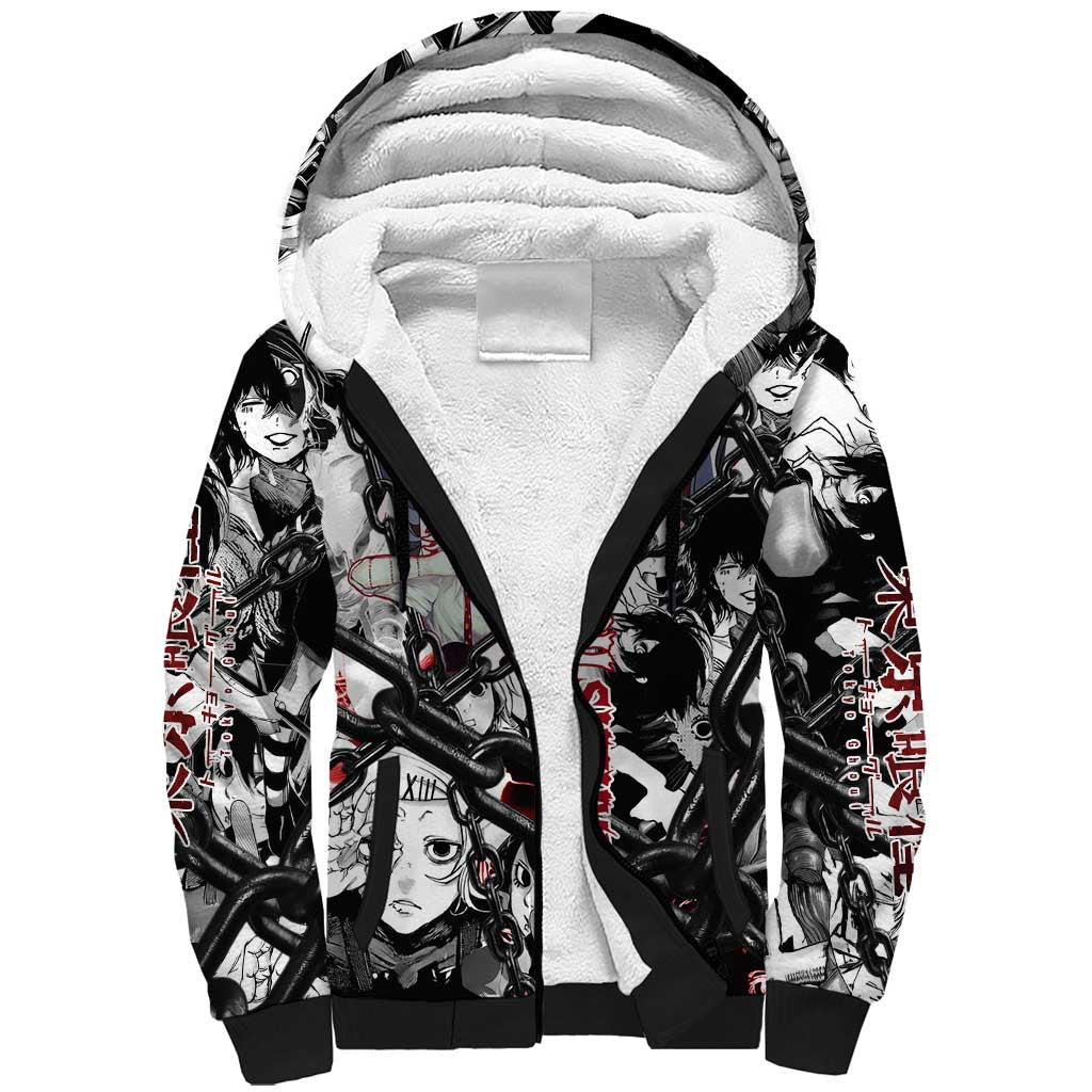 Juuzou Suzuya Tokyo Ghoul Black and White Manga Style Design Sherpa Hoodie with Red Accents and Chain Weapon Motif - The Mazicc