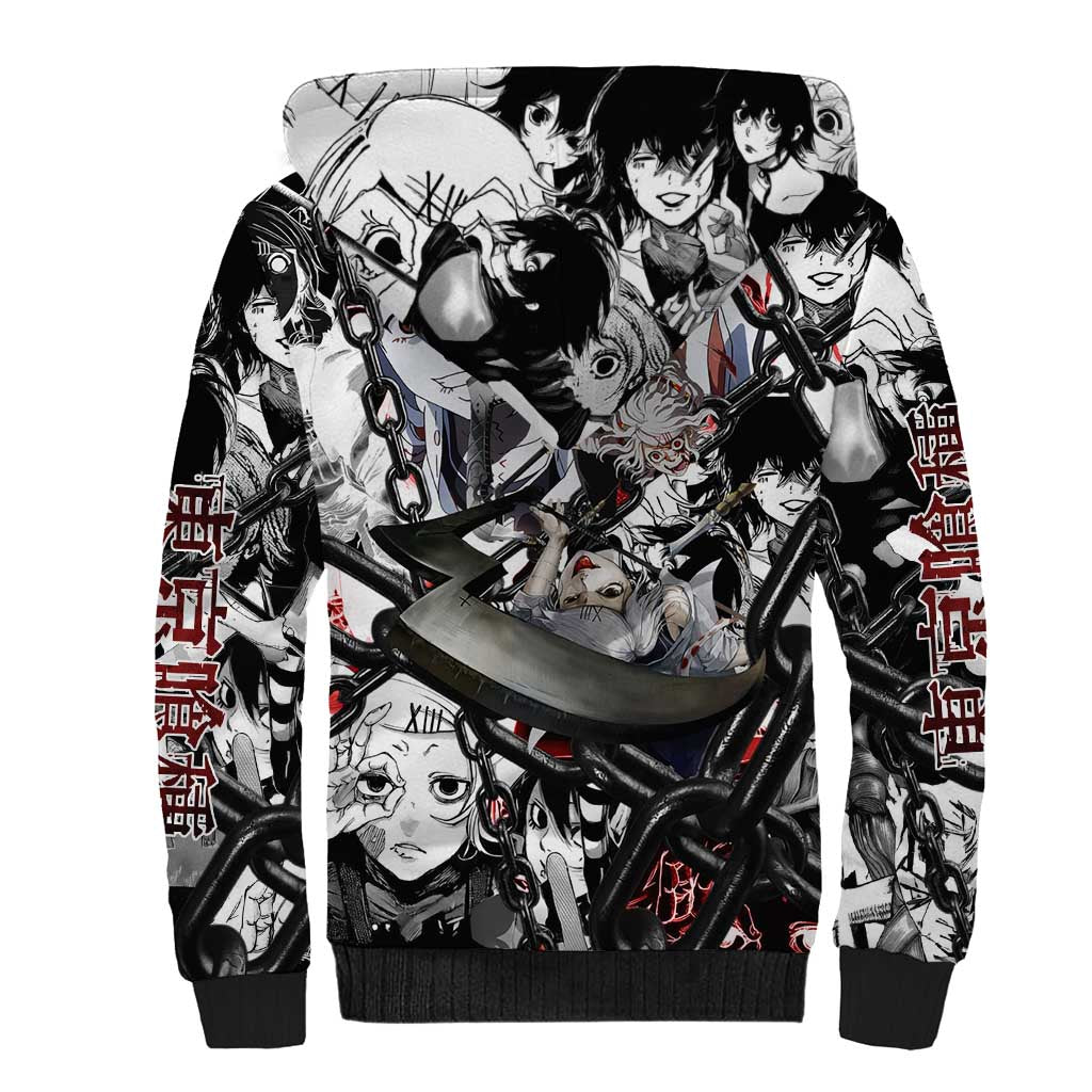 Juuzou Suzuya Tokyo Ghoul Black and White Manga Style Design Sherpa Hoodie with Red Accents and Chain Weapon Motif - The Mazicc