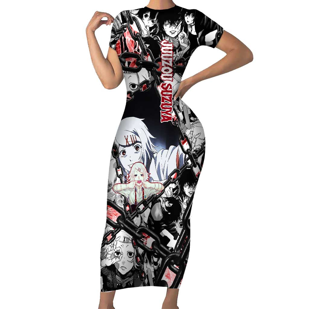 Juuzou Suzuya Tokyo Ghoul Black and White Manga Style Design Short Sleeve Bodycon Dress with Red Accents and Chain Weapon Motif - The Mazicc