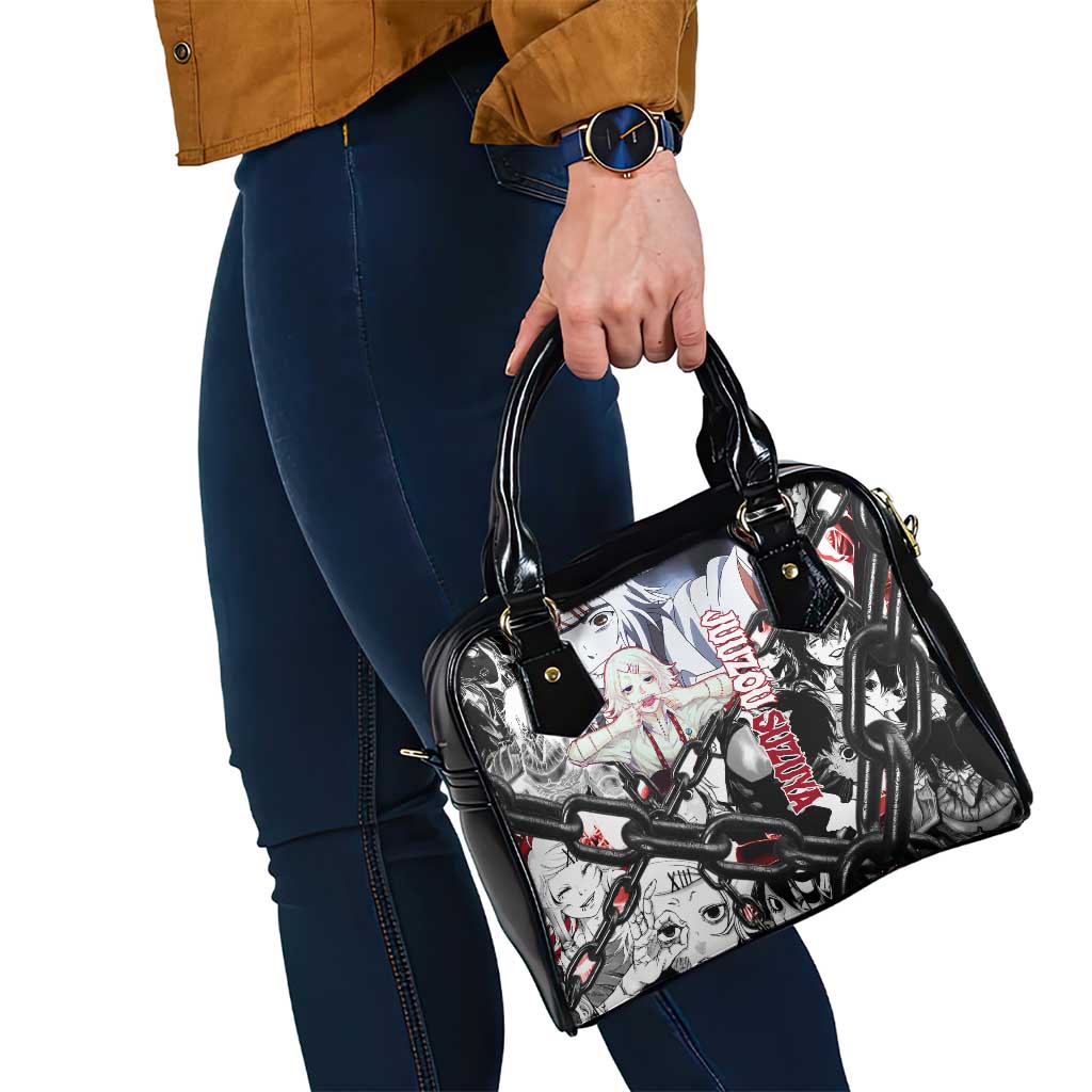 Juuzou Suzuya Tokyo Ghoul Black and White Manga Style Design Shoulder Handbag with Red Accents and Chain Weapon Motif - The Mazicc
