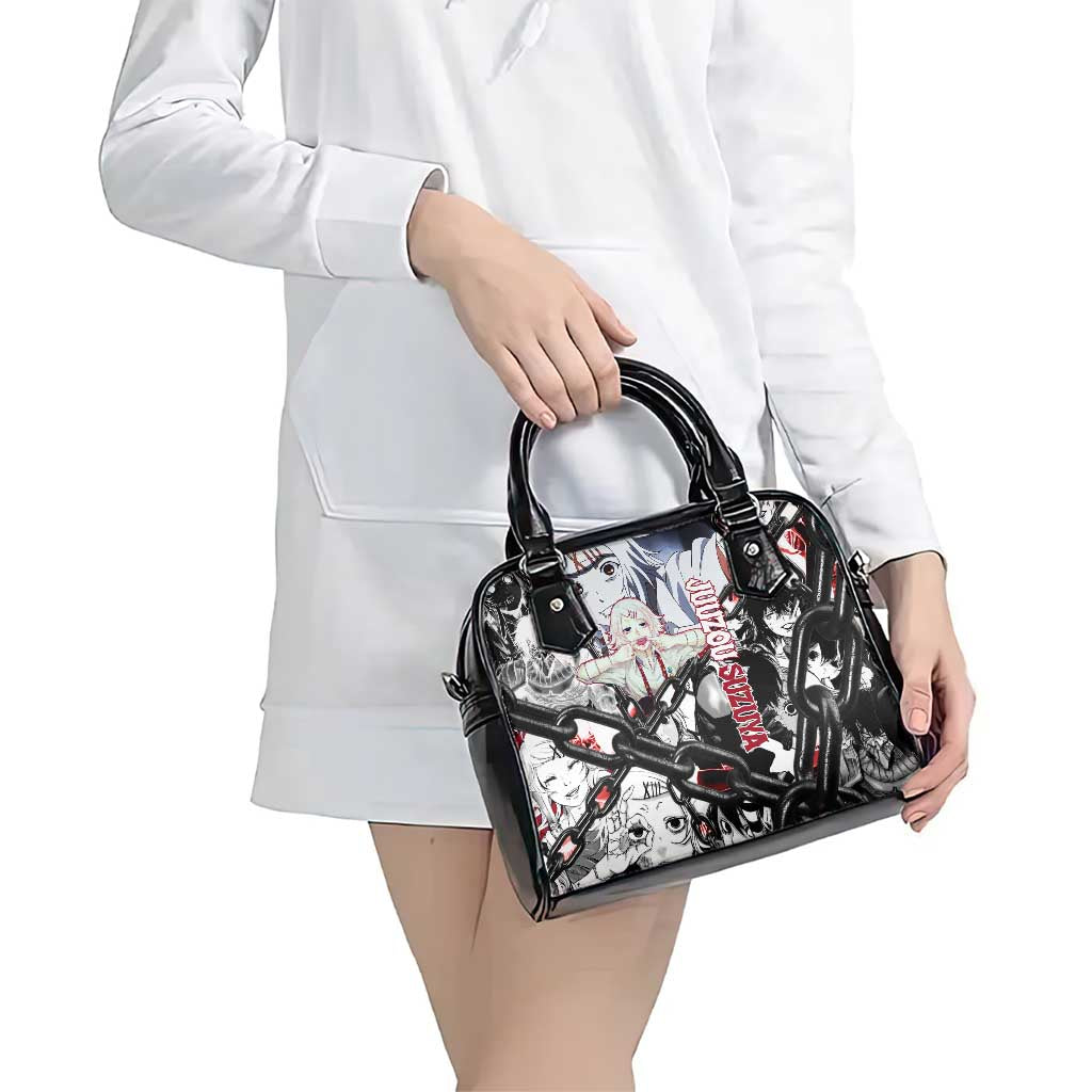 Juuzou Suzuya Tokyo Ghoul Black and White Manga Style Design Shoulder Handbag with Red Accents and Chain Weapon Motif - The Mazicc