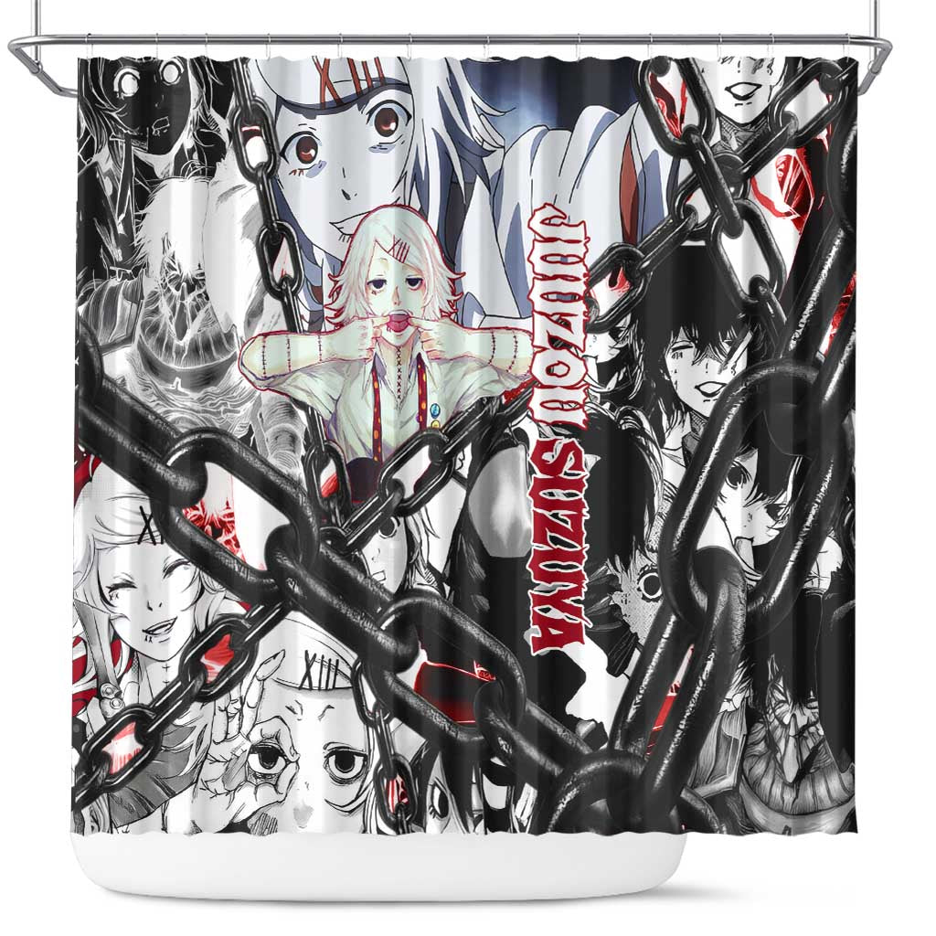 Juuzou Suzuya Tokyo Ghoul Black and White Manga Style Design Shower Curtain with Red Accents and Chain Weapon Motif - The Mazicc