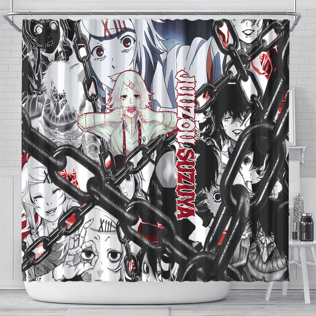 Juuzou Suzuya Tokyo Ghoul Black and White Manga Style Design Shower Curtain with Red Accents and Chain Weapon Motif - The Mazicc