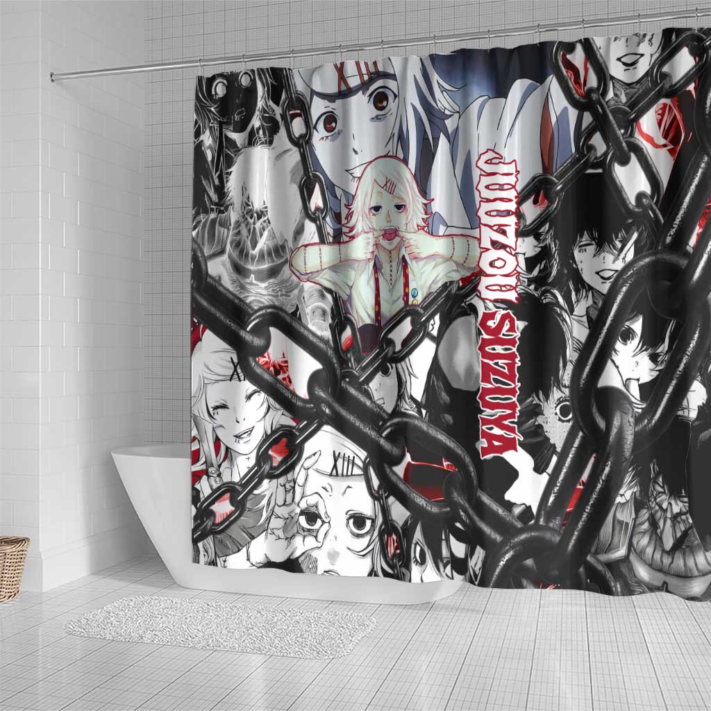 Juuzou Suzuya Tokyo Ghoul Black and White Manga Style Design Shower Curtain with Red Accents and Chain Weapon Motif - The Mazicc