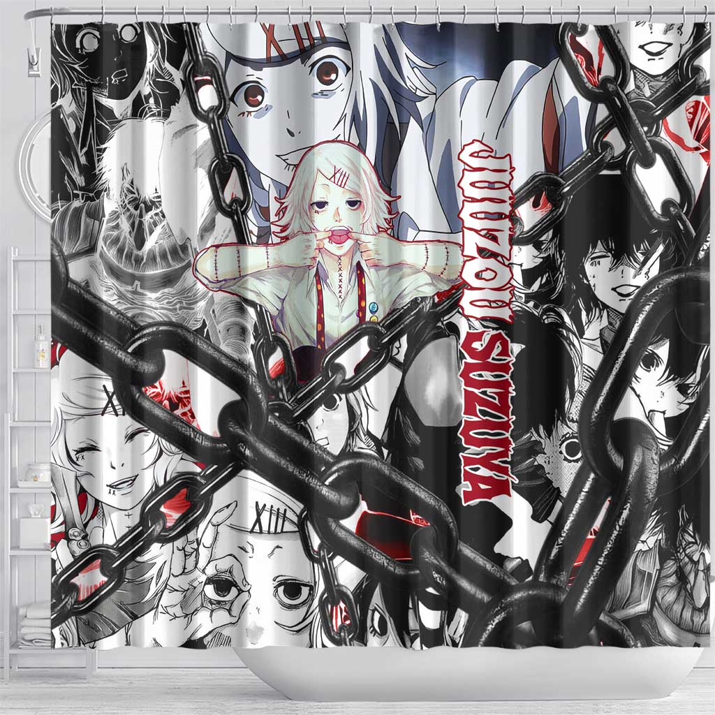 Juuzou Suzuya Tokyo Ghoul Black and White Manga Style Design Shower Curtain with Red Accents and Chain Weapon Motif - The Mazicc