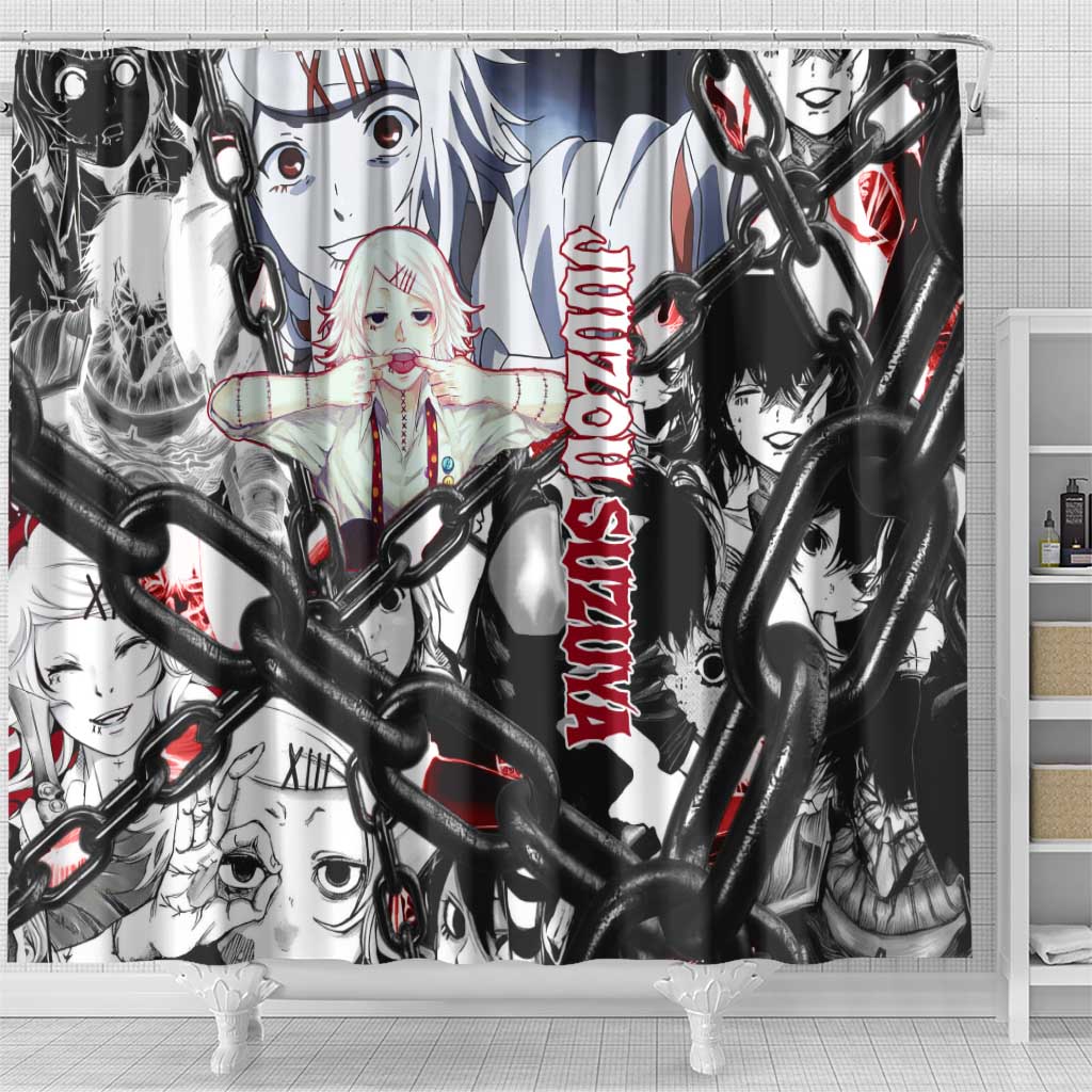 Juuzou Suzuya Tokyo Ghoul Black and White Manga Style Design Shower Curtain with Red Accents and Chain Weapon Motif - The Mazicc