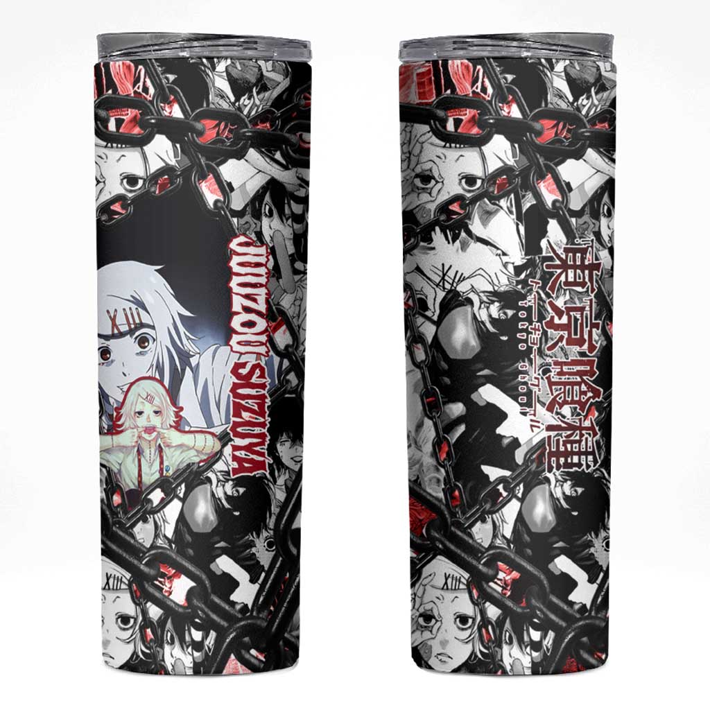 Juuzou Suzuya Tokyo Ghoul Black and White Manga Style Design Skinny Tumbler with Red Accents and Chain Weapon Motif - The Mazicc