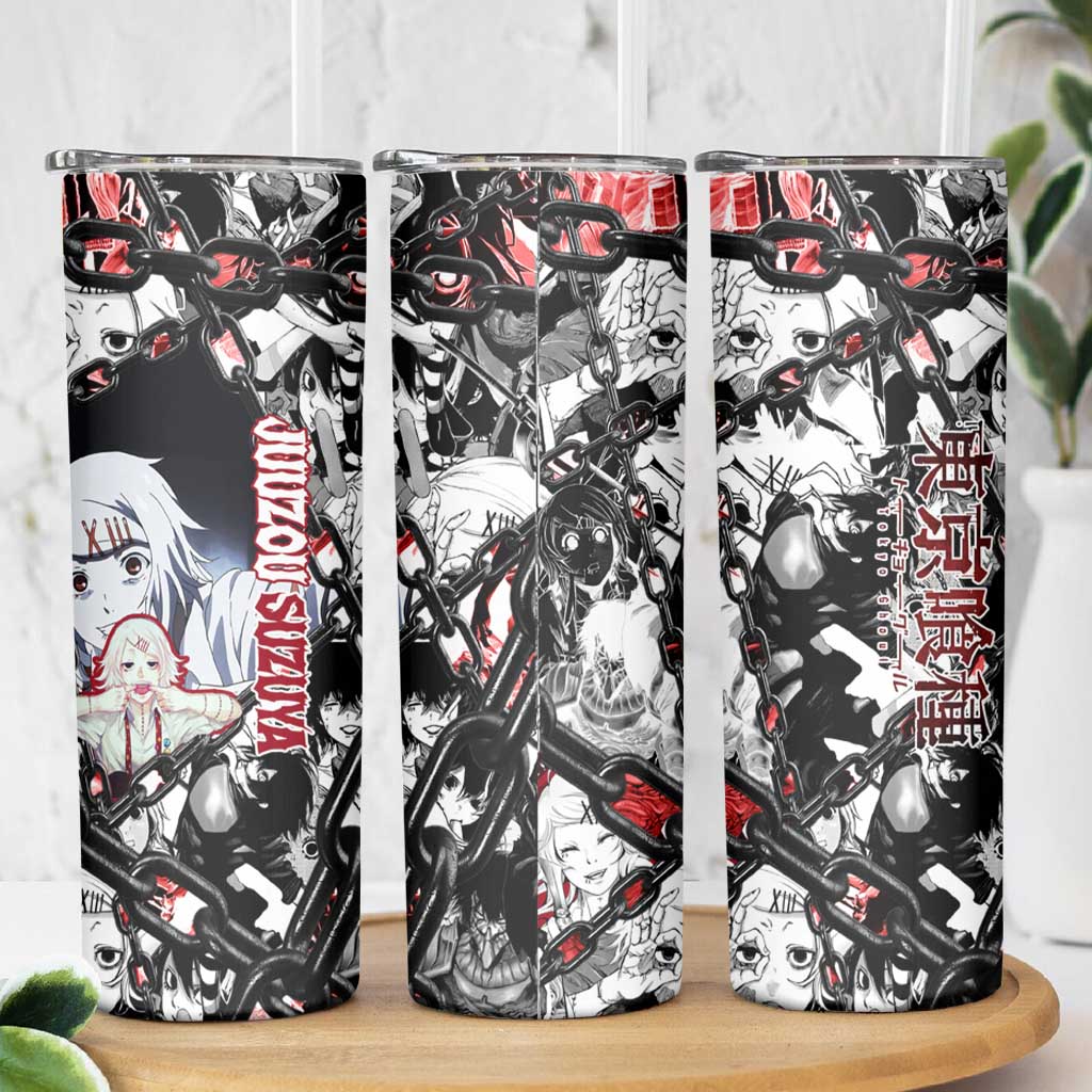 Juuzou Suzuya Tokyo Ghoul Black and White Manga Style Design Skinny Tumbler with Red Accents and Chain Weapon Motif - The Mazicc