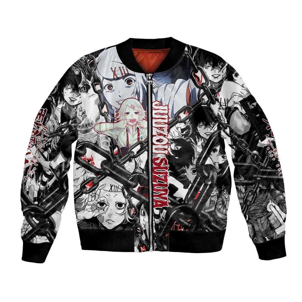 Juuzou Suzuya Tokyo Ghoul Black and White Manga Style Design Sleeve Zip Bomber Jacket with Red Accents and Chain Weapon Motif - The Mazicc