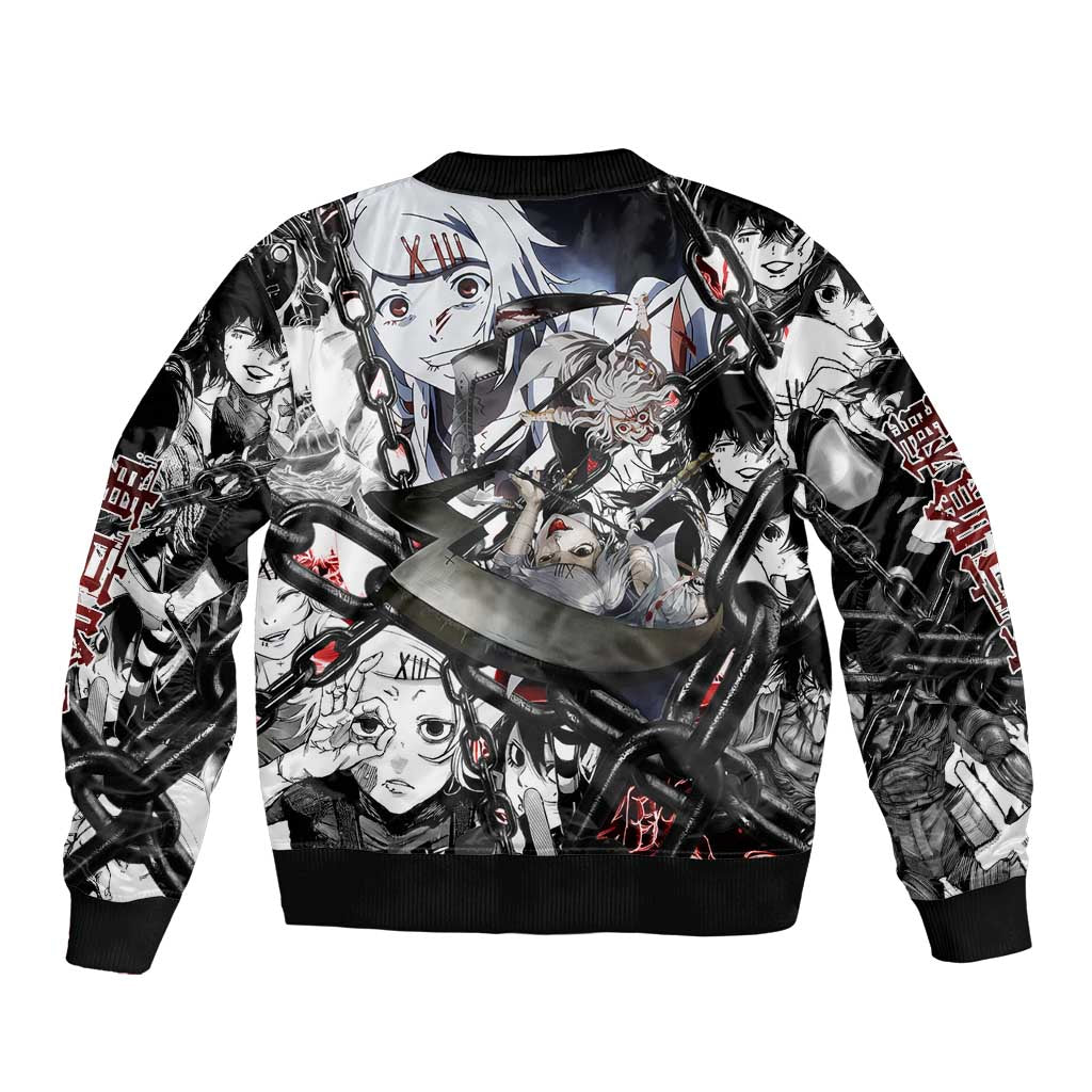 Juuzou Suzuya Tokyo Ghoul Black and White Manga Style Design Sleeve Zip Bomber Jacket with Red Accents and Chain Weapon Motif - The Mazicc