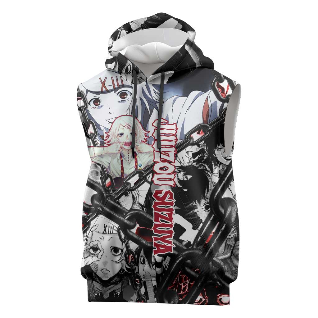 Juuzou Suzuya Tokyo Ghoul Black and White Manga Style Design Sleeveless Hoodie with Red Accents and Chain Weapon Motif - The Mazicc