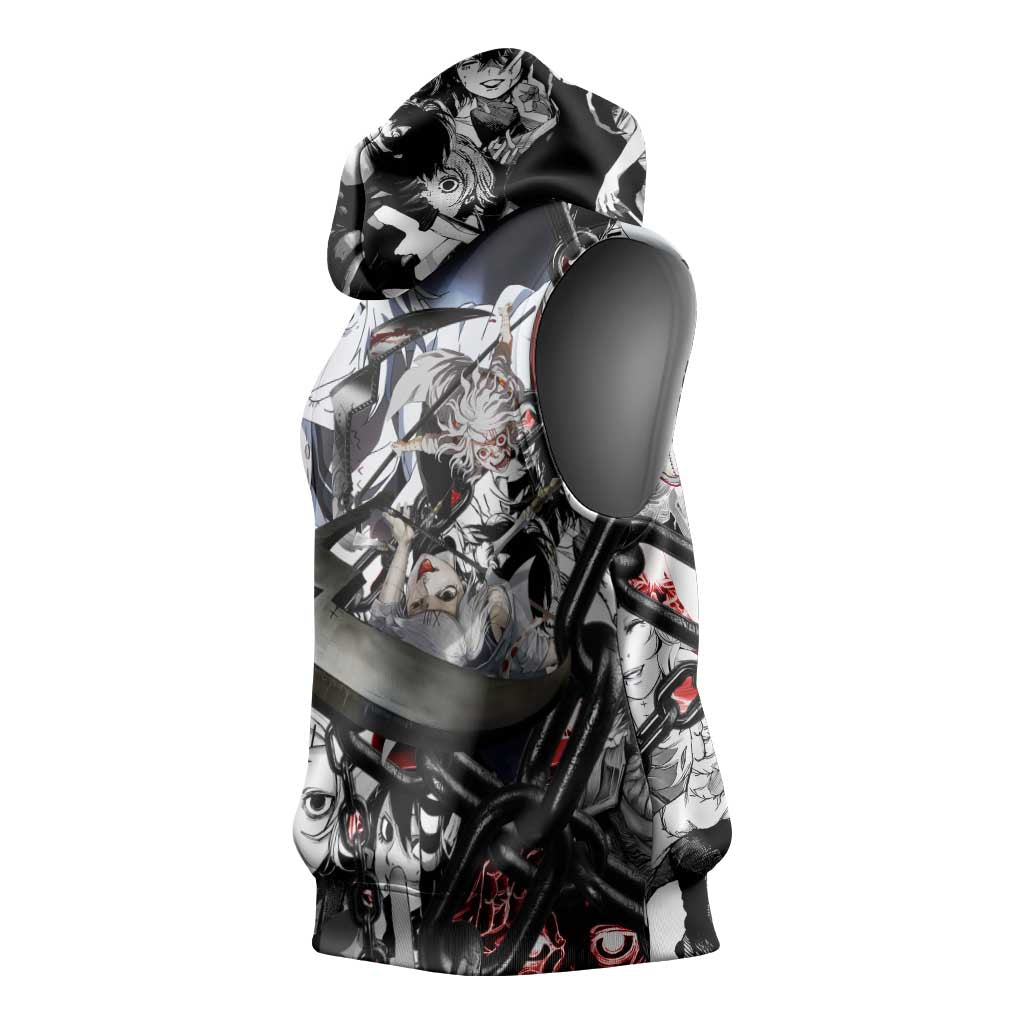 Juuzou Suzuya Tokyo Ghoul Black and White Manga Style Design Sleeveless Hoodie with Red Accents and Chain Weapon Motif - The Mazicc