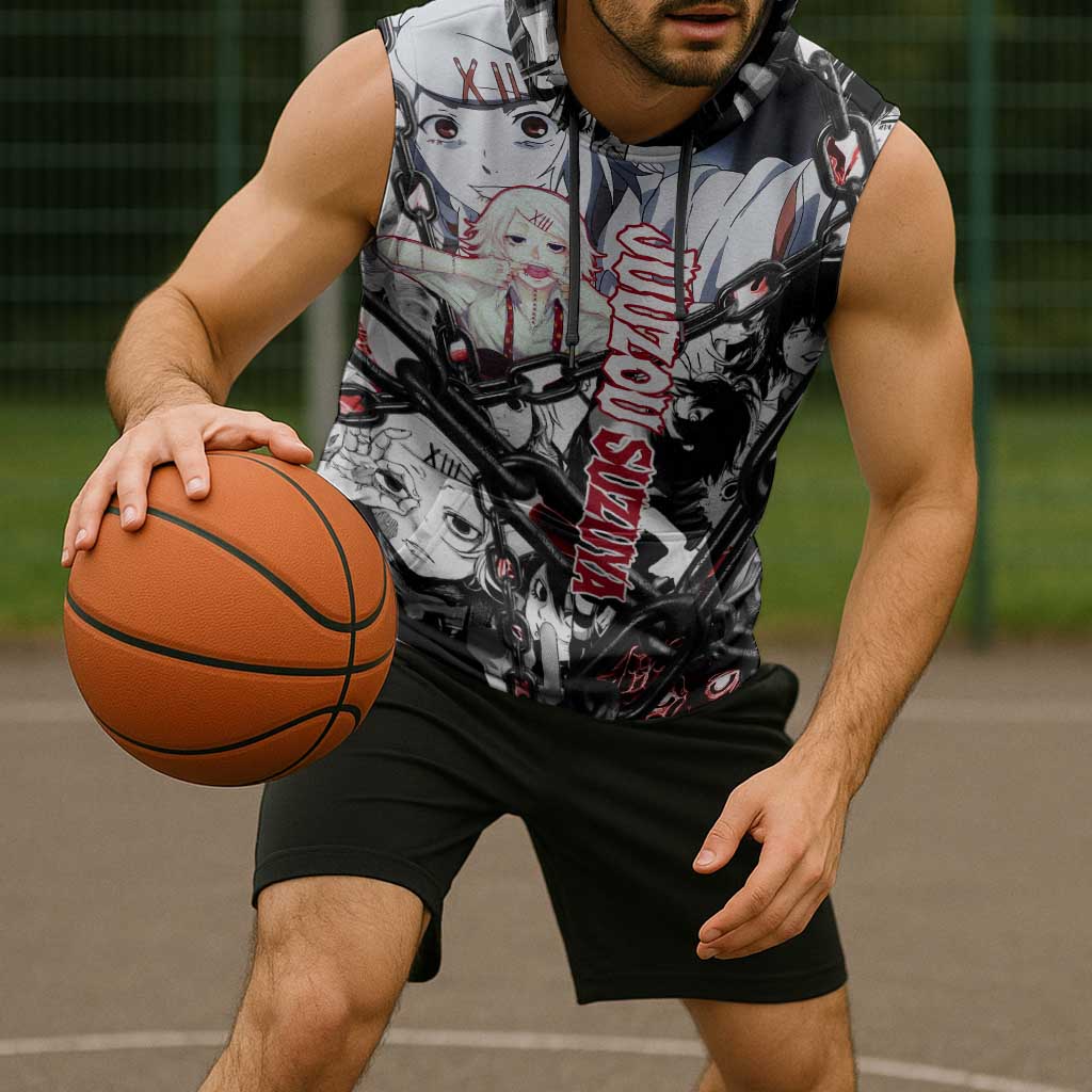 Juuzou Suzuya Tokyo Ghoul Black and White Manga Style Design Sleeveless Hoodie with Red Accents and Chain Weapon Motif - The Mazicc