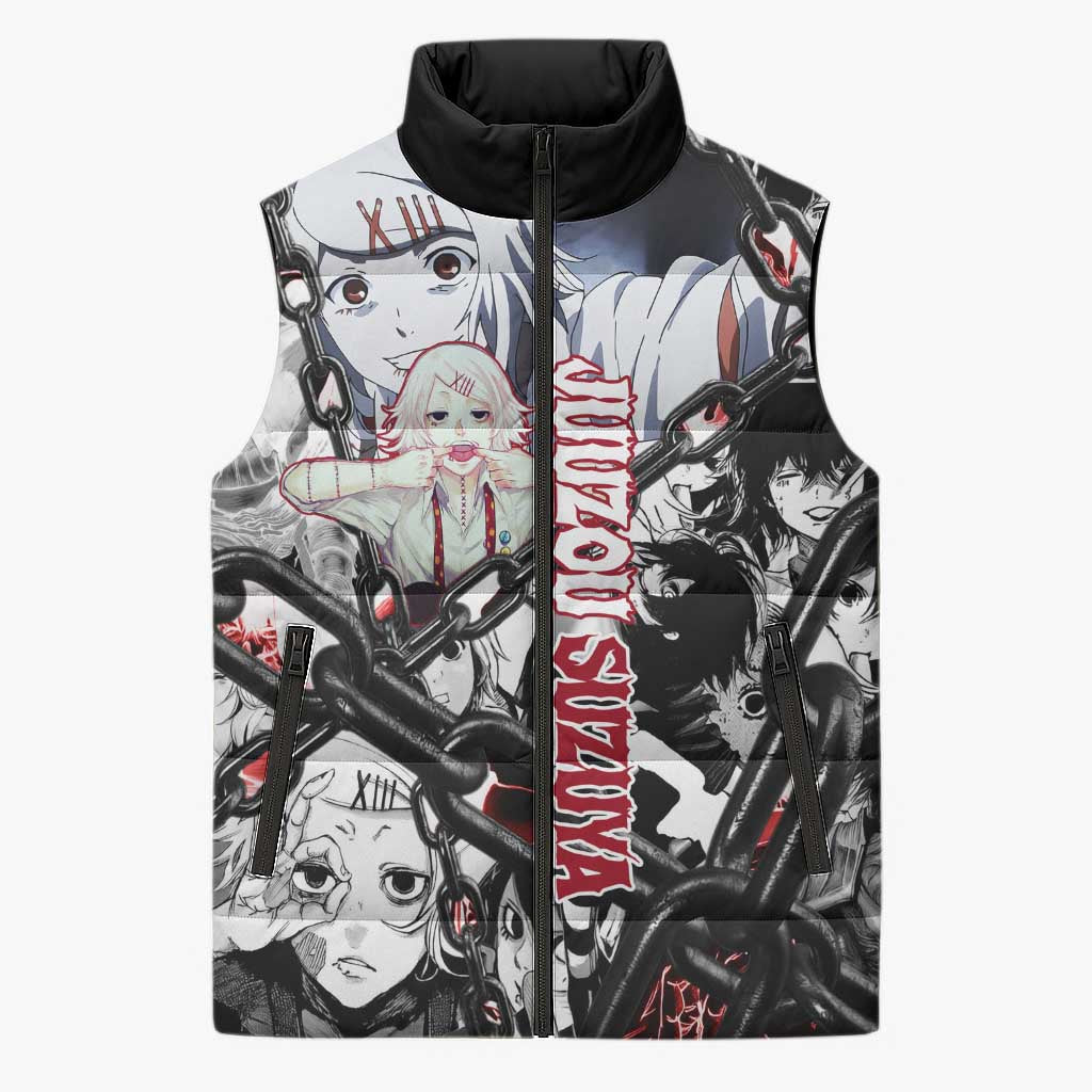 Juuzou Suzuya Tokyo Ghoul Black and White Manga Style Design Sleeveless Puffer Jacket with Red Accents and Chain Weapon Motif - The Mazicc