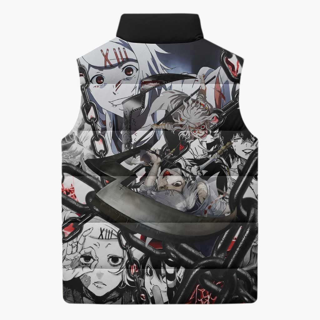 Juuzou Suzuya Tokyo Ghoul Black and White Manga Style Design Sleeveless Puffer Jacket with Red Accents and Chain Weapon Motif - The Mazicc