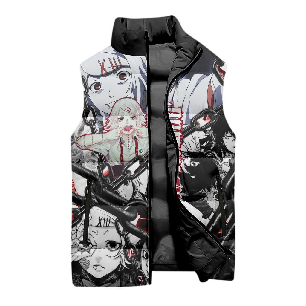 Juuzou Suzuya Tokyo Ghoul Black and White Manga Style Design Sleeveless Puffer Jacket with Red Accents and Chain Weapon Motif - The Mazicc