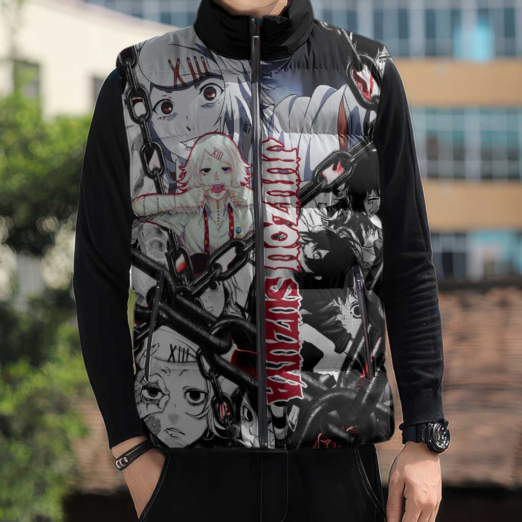 Juuzou Suzuya Tokyo Ghoul Black and White Manga Style Design Sleeveless Puffer Jacket with Red Accents and Chain Weapon Motif - The Mazicc