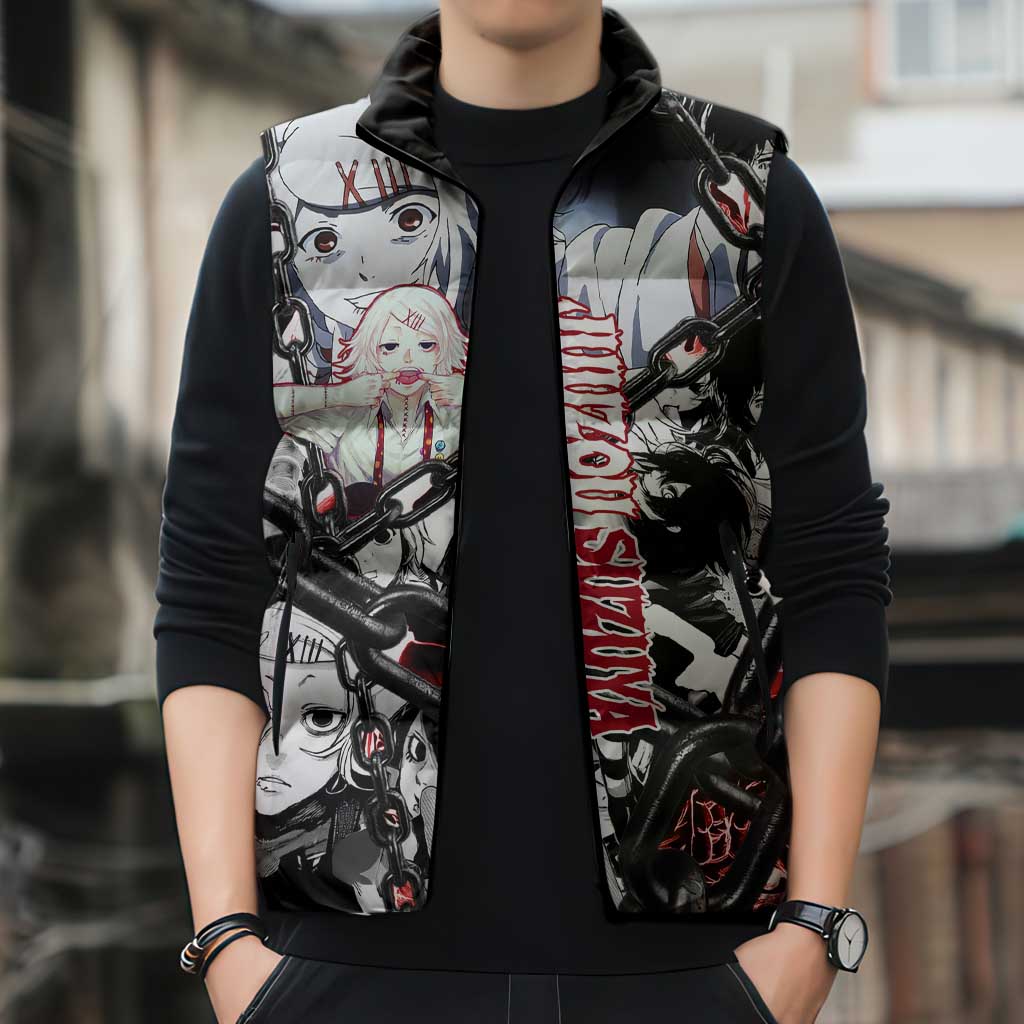 Juuzou Suzuya Tokyo Ghoul Black and White Manga Style Design Sleeveless Puffer Jacket with Red Accents and Chain Weapon Motif - The Mazicc